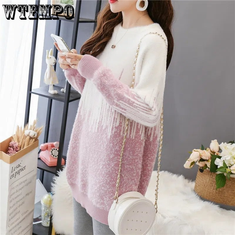 Vilinski pulover od umjetne nerca Debeli pulover Pleteni gradijentski pulover s okruglim izrezom srednje dužine labav i svestran za jesen i zimu