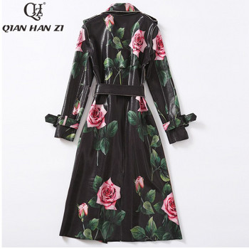 Qian Han Zi New Designer Fashion Flower Print Bright δερμάτινη καμπαρντίνα Γυναικεία μακρυμάνικα τριαντάφυλλα vintage Long Slim παλτό ζώνης