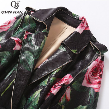 Qian Han Zi New Designer Fashion Flower Print Bright δερμάτινη καμπαρντίνα Γυναικεία μακρυμάνικα τριαντάφυλλα vintage Long Slim παλτό ζώνης