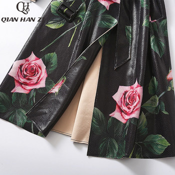 Qian Han Zi New Designer Fashion Flower Print Bright δερμάτινη καμπαρντίνα Γυναικεία μακρυμάνικα τριαντάφυλλα vintage Long Slim παλτό ζώνης