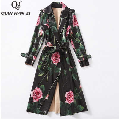 Qian Han Zi New Designer Fashion Print Flower Print Trench din piele strălucitoare pentru femei, cu mânecă lungă, trandafiri, vintage, haină lungă și subțire.