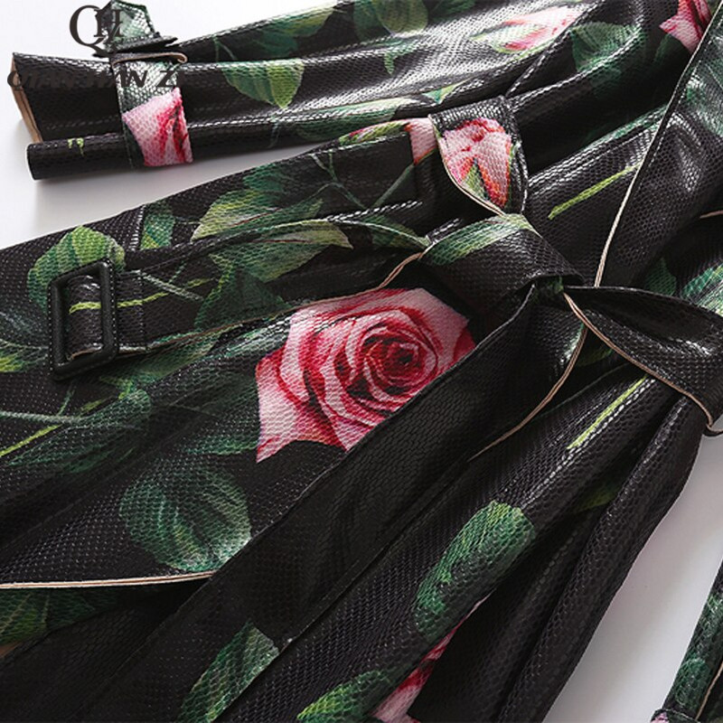 Qian Han Zi Novi dizajnerski modni cvjetni print svijetli kožni baloner Ženski vintage dugi uski kaput s ružama