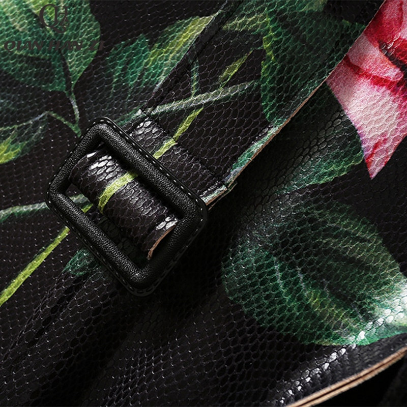 Qian Han Zi Novi dizajnerski modni cvjetni print svijetli kožni baloner Ženski vintage dugi uski kaput s ružama