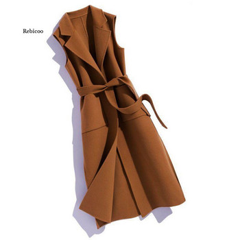 Φθινοπωρινό χειμωνιάτικο μάλλινο μακρύ γιλέκο αμάνικο μπουφάν Γυναικείο μάλλινο γιλέκο Γυναικείο λεπτές τσέπες Ρούχα με πανωφόρι ζώνης