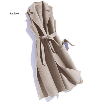 Φθινοπωρινό χειμωνιάτικο μάλλινο μακρύ γιλέκο αμάνικο μπουφάν Γυναικείο μάλλινο γιλέκο Γυναικείο λεπτές τσέπες Ρούχα με πανωφόρι ζώνης
