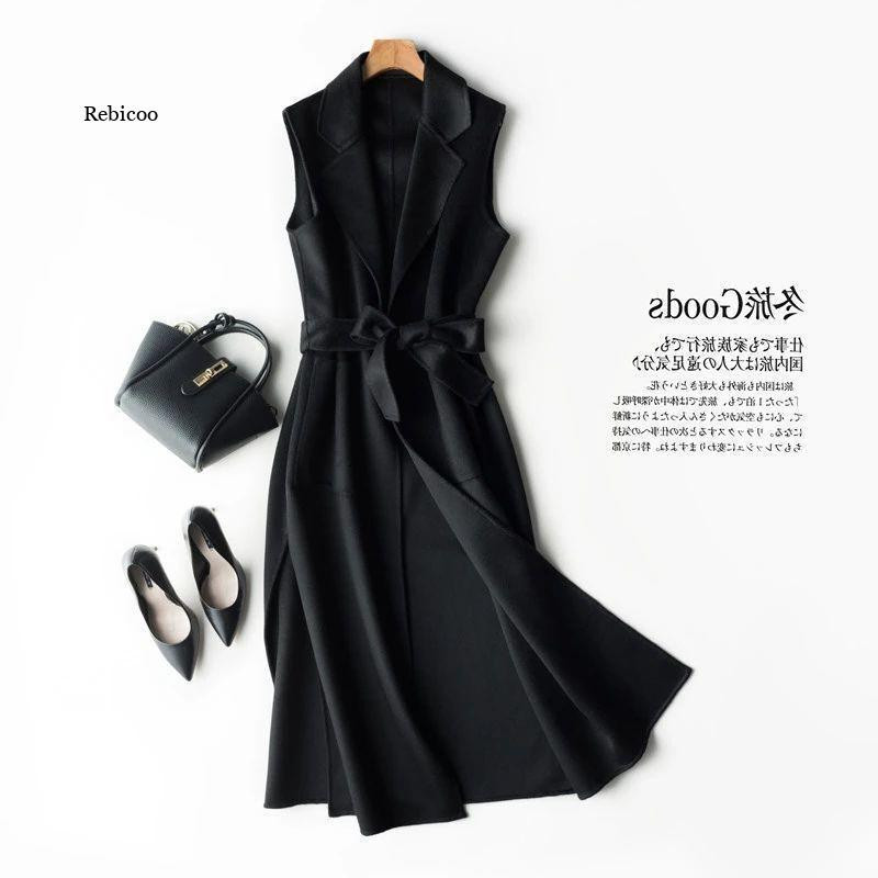 Φθινοπωρινό χειμωνιάτικο μάλλινο μακρύ γιλέκο αμάνικο μπουφάν Γυναικείο μάλλινο γιλέκο Γυναικείο λεπτές τσέπες Ρούχα με πανωφόρι ζώνης