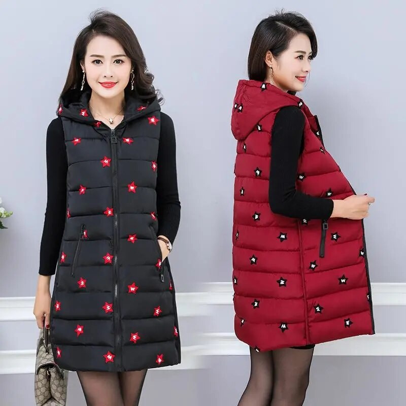 2021. gada rudens ziemas jaka ar kapuci Sieviešu veste bez piedurknēm silta veste ar izšuvumu kokvilnas jaka Sieviešu vates sieviešu virsdrēbes