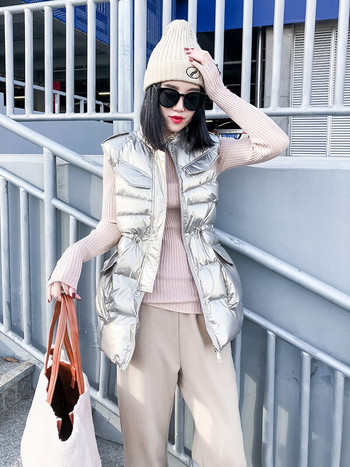 Χειμερινό γυναικείο μακρύ γιλέκο 2022 Γυαλιστερό, αμάνικο μπουφάν με κουκούλα, με γιακά, με βαμβακερή επένδυση, χοντρά casual ενδύματα