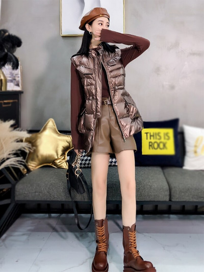 Χειμερινό γυναικείο μακρύ γιλέκο 2022 Γυαλιστερό, αμάνικο μπουφάν με κουκούλα, με γιακά, με βαμβακερή επένδυση, χοντρά casual ενδύματα