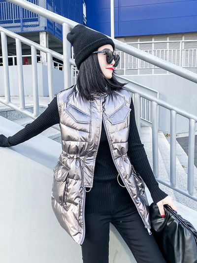Χειμερινό γυναικείο μακρύ γιλέκο 2022 Γυαλιστερό, αμάνικο μπουφάν με κουκούλα, με γιακά, με βαμβακερή επένδυση, χοντρά casual ενδύματα