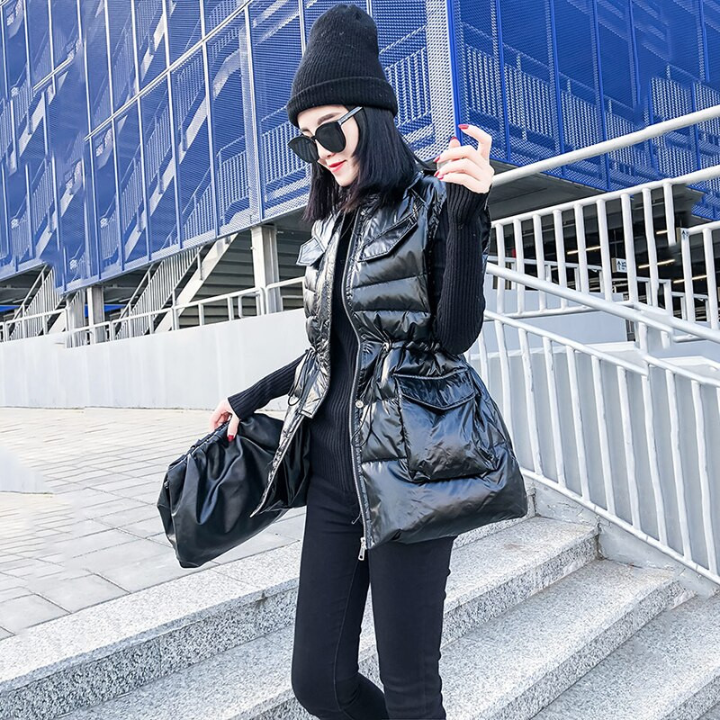 Χειμερινό γυναικείο μακρύ γιλέκο 2022 Γυαλιστερό, αμάνικο μπουφάν με κουκούλα, με γιακά, με βαμβακερή επένδυση, χοντρά casual ενδύματα