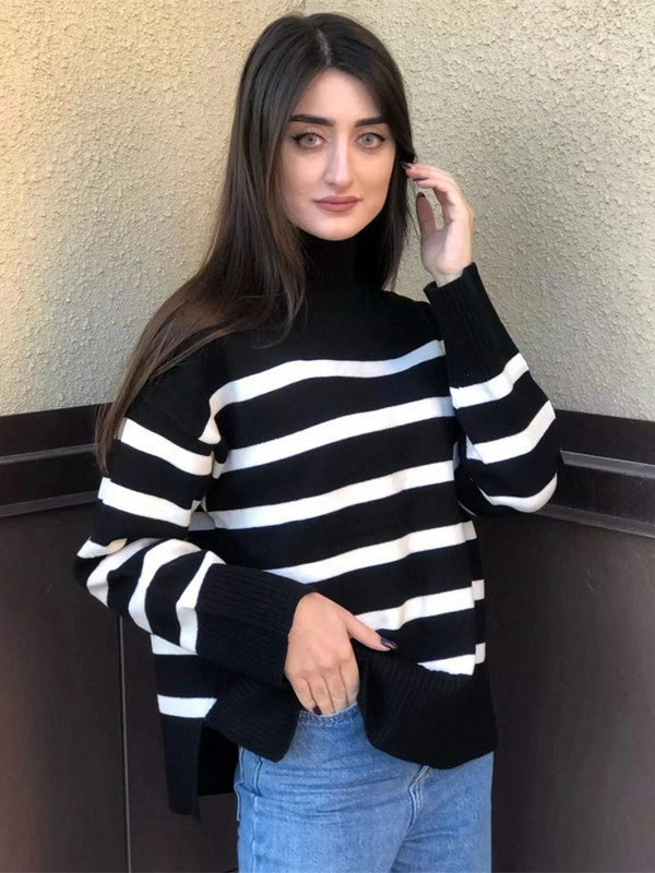 Sieviešu elegants rudens ziemas džemperis sieviešu džemperi Lielizmēra brīvi svītraini ikdienišķs trikotāžas elegants džemperis sieviešu džemperu topi sievietēm