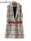 Aonibeier Jesen 2022. Ženski blejzeri bez rukava u obliku ptičje zubice Traf prsluk s džepovima s zakrpama Uski karirani prsluk Ženske jakne s remenom