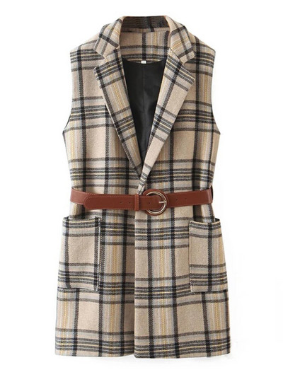 Aonibeier Jesen 2022. Ženski blejzeri bez rukava u obliku ptičje zubice Traf prsluk s džepovima s zakrpama Uski karirani prsluk Ženske jakne s remenom