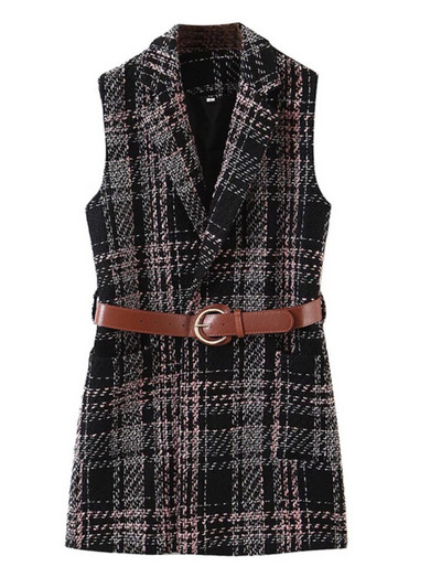 Aonibeier Jesen 2022. Ženski blejzeri bez rukava u obliku ptičje zubice Traf prsluk s džepovima s zakrpama Uski karirani prsluk Ženske jakne s remenom