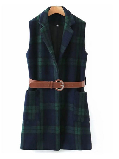 Aonibeier Jesen 2022. Ženski blejzeri bez rukava u obliku ptičje zubice Traf prsluk s džepovima s zakrpama Uski karirani prsluk Ženske jakne s remenom