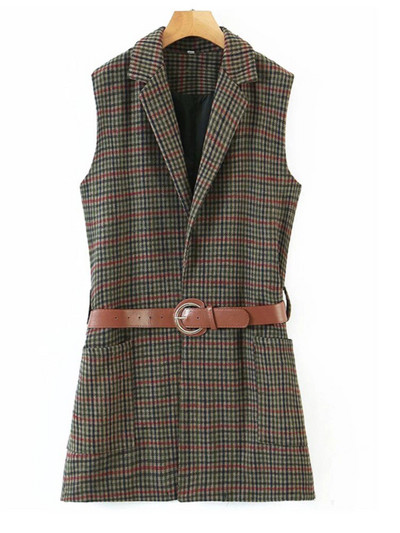 Aonibeier Jesen 2022. Ženski blejzeri bez rukava u obliku ptičje zubice Traf prsluk s džepovima s zakrpama Uski karirani prsluk Ženske jakne s remenom