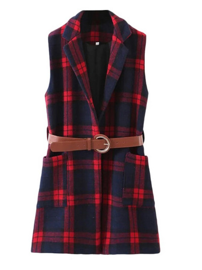 Aonibeier Jesen 2022. Ženski blejzeri bez rukava u obliku ptičje zubice Traf prsluk s džepovima s zakrpama Uski karirani prsluk Ženske jakne s remenom