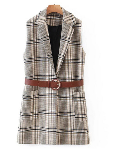 Aonibeier Jesen 2022. Ženski blejzeri bez rukava u obliku ptičje zubice Traf prsluk s džepovima s zakrpama Uski karirani prsluk Ženske jakne s remenom