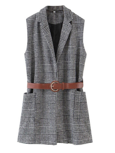 Aonibeier Jesen 2022. Ženski blejzeri bez rukava u obliku ptičje zubice Traf prsluk s džepovima s zakrpama Uski karirani prsluk Ženske jakne s remenom