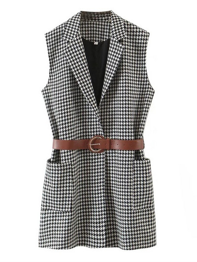 Aonibeier Jesen 2022. Ženski blejzeri bez rukava u obliku ptičje zubice Traf prsluk s džepovima s zakrpama Uski karirani prsluk Ženske jakne s remenom