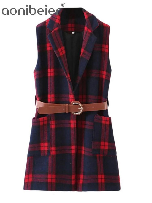 Aonibeier Jesen 2022. Ženski blejzeri bez rukava u obliku ptičje zubice Traf prsluk s džepovima s zakrpama Uski karirani prsluk Ženske jakne s remenom