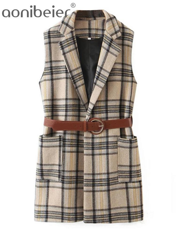 Aonibeier Jesen 2022. Ženski blejzeri bez rukava u obliku ptičje zubice Traf prsluk s džepovima s zakrpama Uski karirani prsluk Ženske jakne s remenom