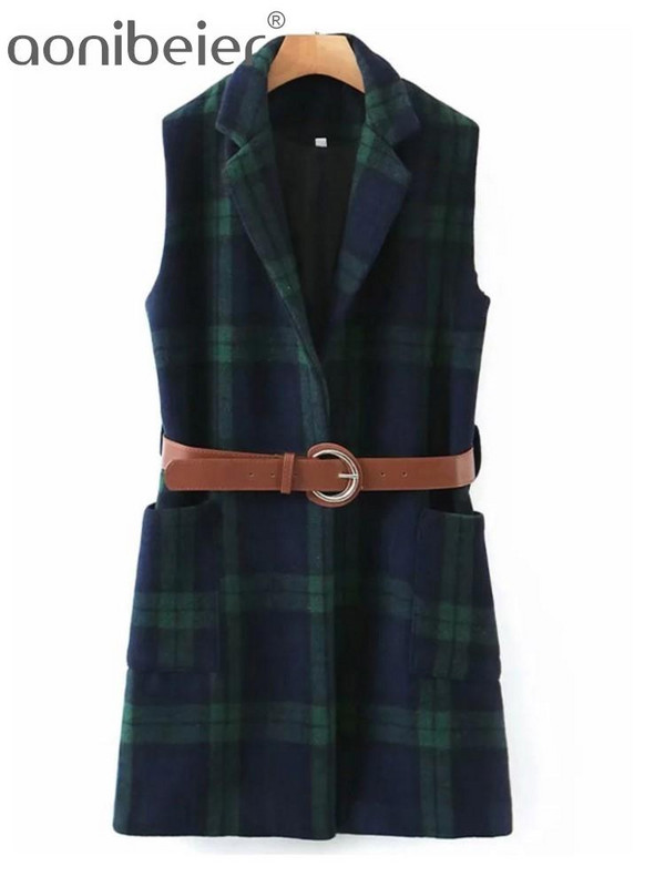 Aonibeier Jesen 2022. Ženski blejzeri bez rukava u obliku ptičje zubice Traf prsluk s džepovima s zakrpama Uski karirani prsluk Ženske jakne s remenom