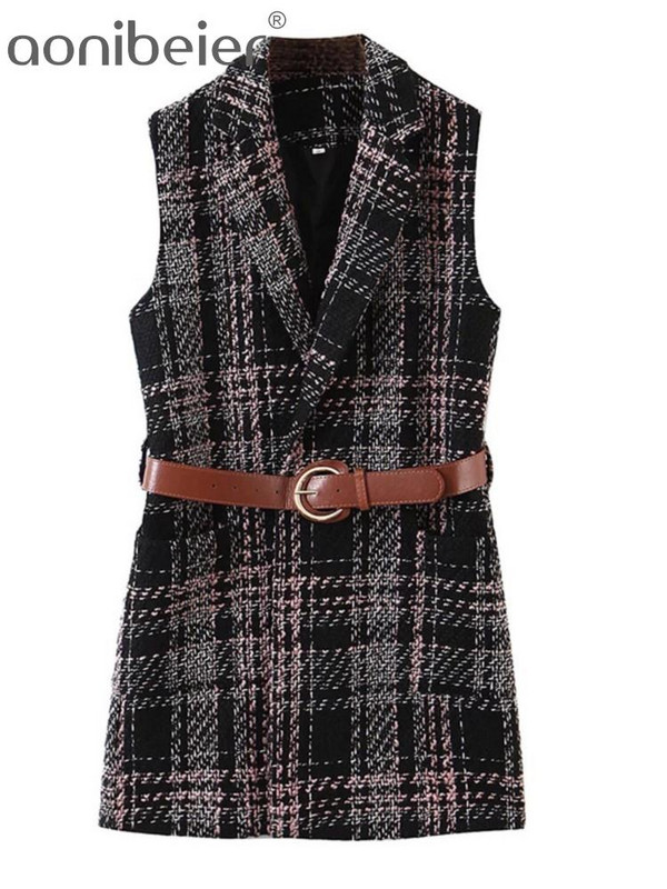 Aonibeier Jesen 2022. Ženski blejzeri bez rukava u obliku ptičje zubice Traf prsluk s džepovima s zakrpama Uski karirani prsluk Ženske jakne s remenom