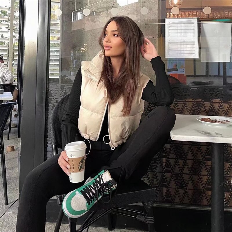 Γυναικείο, πολύχρωμο, χαλαρό, κοντό πουπουλένιο γιλέκο 2021, φθινόπωρο, γυναικείο υπερμεγέθη μονόχρωμο κομμένο γιλέκο, για κορίτσια, εξωτερικά ενδύματα υψηλής οδού