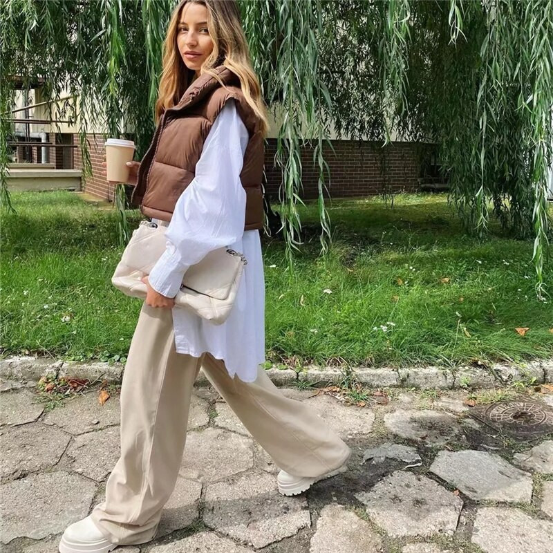 Γυναικείο, πολύχρωμο, χαλαρό, κοντό πουπουλένιο γιλέκο 2021, φθινόπωρο, γυναικείο υπερμεγέθη μονόχρωμο κομμένο γιλέκο, για κορίτσια, εξωτερικά ενδύματα υψηλής οδού