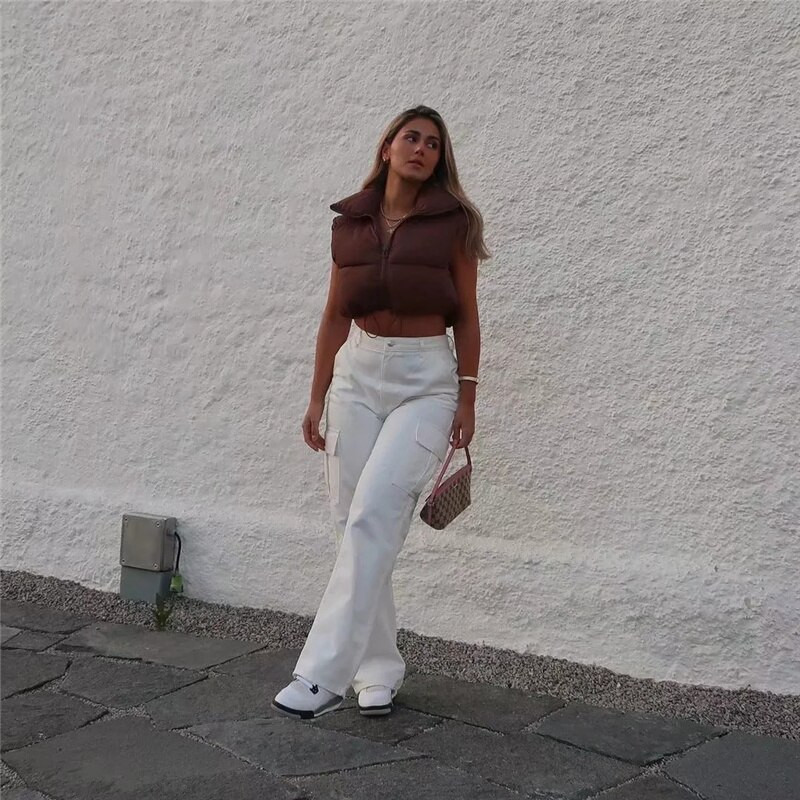 Γυναικείο, πολύχρωμο, χαλαρό, κοντό πουπουλένιο γιλέκο 2021, φθινόπωρο, γυναικείο υπερμεγέθη μονόχρωμο κομμένο γιλέκο, για κορίτσια, εξωτερικά ενδύματα υψηλής οδού