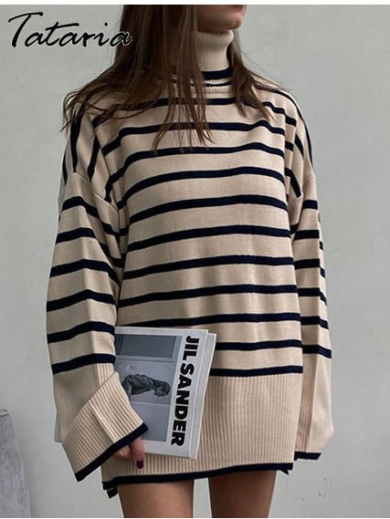 Zimski prugasti džemperi za žene Deblja topla dolčevita prekomjerna vesta sa bočnim prorezom Sotf pulover Ženski pleteni široki džemper