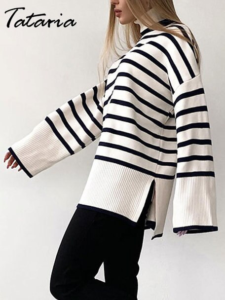 Zimski prugasti džemperi za žene Deblja topla dolčevita prekomjerna vesta sa bočnim prorezom Sotf pulover Ženski pleteni široki džemper