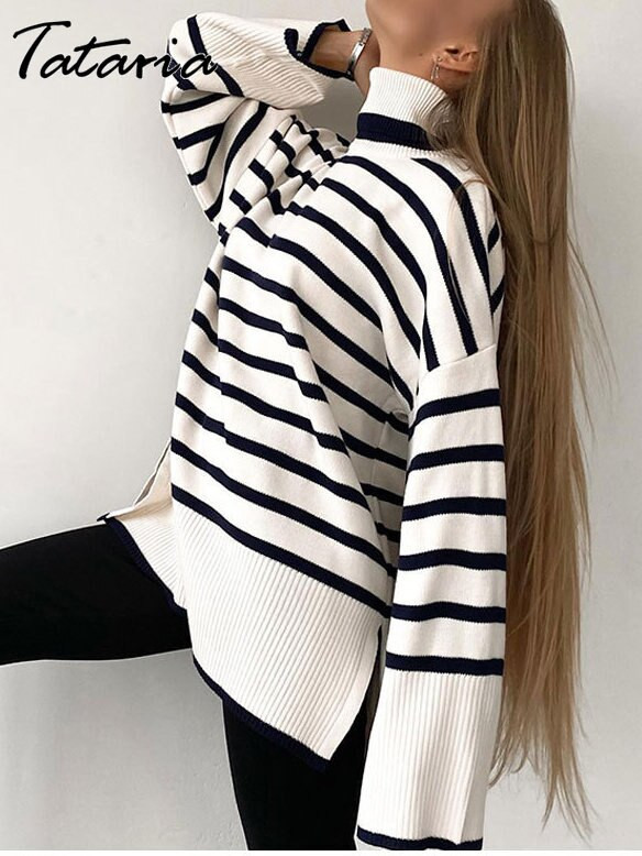 Zimski prugasti džemperi za žene Deblja topla dolčevita prekomjerna vesta sa bočnim prorezom Sotf pulover Ženski pleteni široki džemper