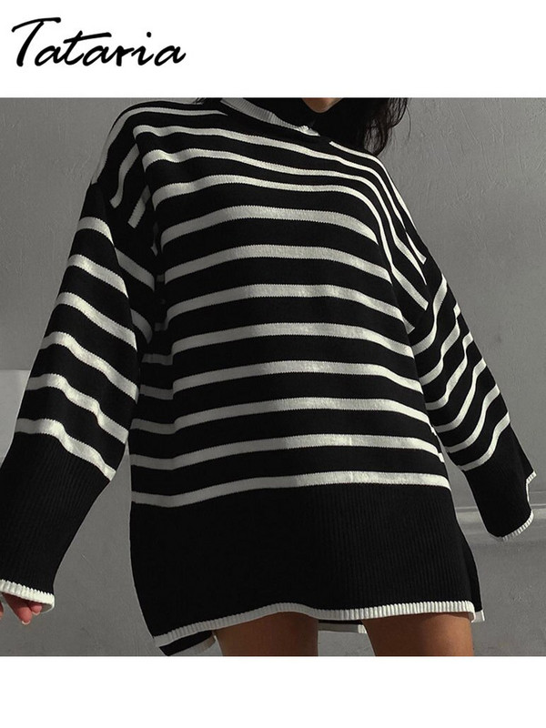 Zimski prugasti džemperi za žene Deblja topla dolčevita prekomjerna vesta sa bočnim prorezom Sotf pulover Ženski pleteni široki džemper