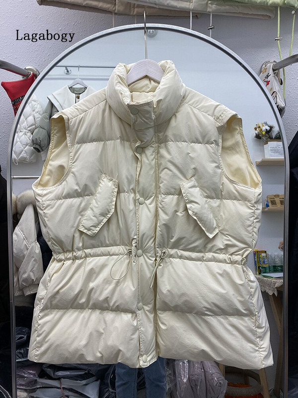 Lagabogy novi ženski zimski bijeli prsluk s pačjim puhom Jednostavan ležeran širok jesenski topli prsluk ženski bez rukava otporan na vjetar