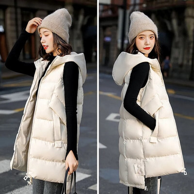 Γυναικείο φθινοπωρινό τζάκετ 2022 Βαμβακερό γιλέκο χειμερινό παλτό με κουκούλα Μακριά πανωφόρια αμάνικα φαρδιά γυναικεία ζεστά μπλουζάκια με γιλέκο