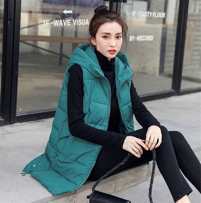 Γυναικείο φθινοπωρινό τζάκετ 2022 Βαμβακερό γιλέκο χειμερινό παλτό με κουκούλα Μακριά πανωφόρια αμάνικα φαρδιά γυναικεία ζεστά μπλουζάκια με γιλέκο