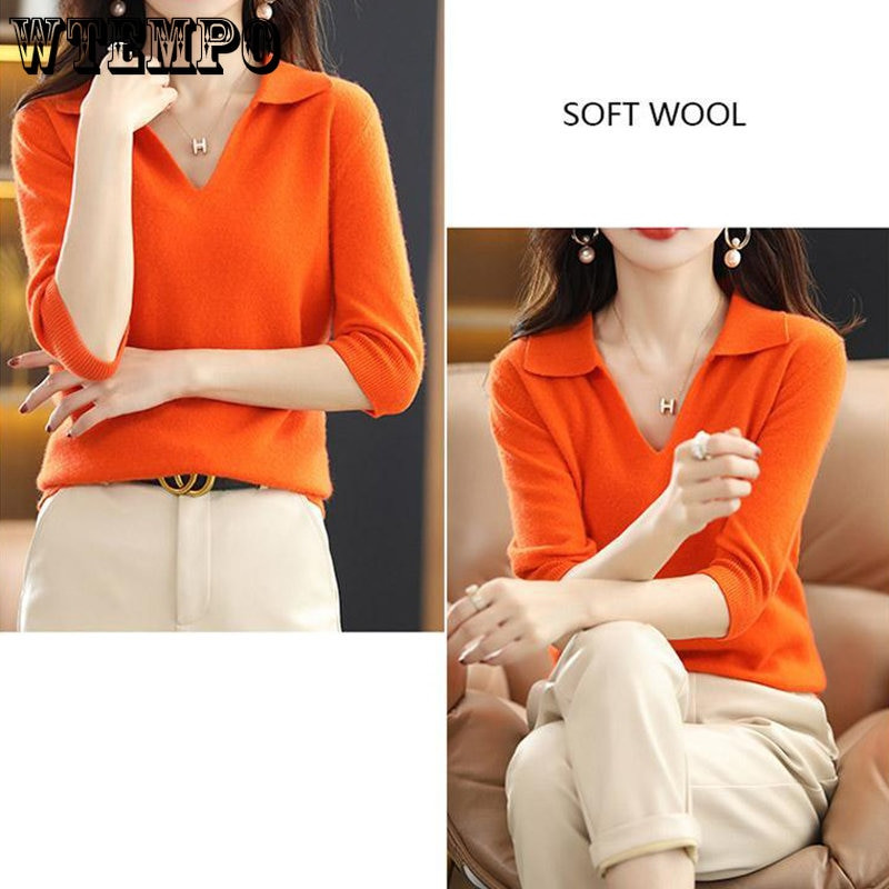 Sieviešu džemperis ar V veida kakla izgriezumu ar trīs ceturtdaļām piedurknēm, lai samazinātu vecumu un parādītu plānu, vaļīgu puspiedurkņu adīšanas mēteli vairumtirdzniecība