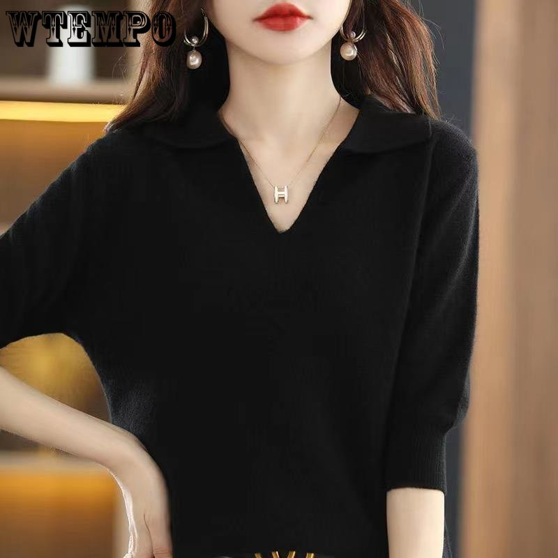 Sieviešu džemperis ar V veida kakla izgriezumu ar trīs ceturtdaļām piedurknēm, lai samazinātu vecumu un parādītu plānu, vaļīgu puspiedurkņu adīšanas mēteli vairumtirdzniecība