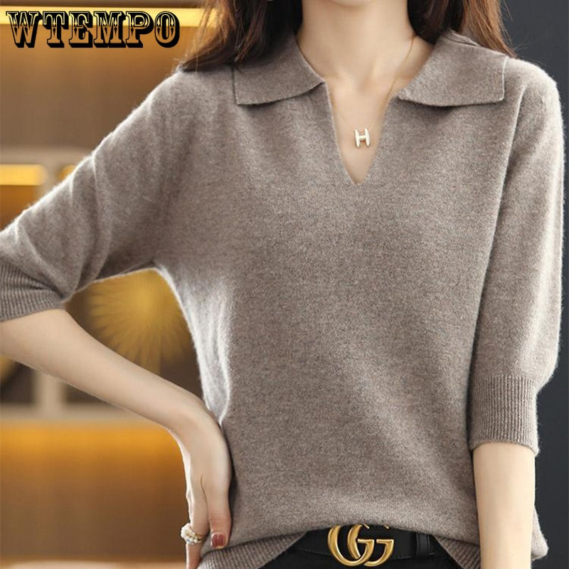 Sieviešu džemperis ar V veida kakla izgriezumu ar trīs ceturtdaļām piedurknēm, lai samazinātu vecumu un parādītu plānu, vaļīgu puspiedurkņu adīšanas mēteli vairumtirdzniecība