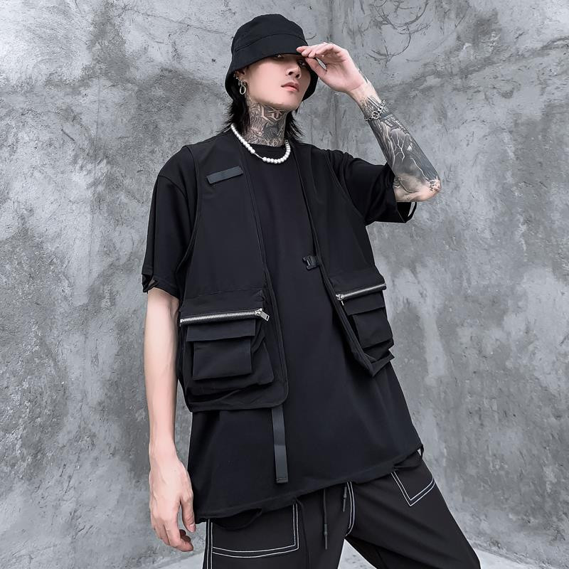 Γυναικείο γιλέκο Gothic Punk Fashion Αμάνικο Harajuku καλοκαιρινά ζευγάρια με τσέπες και φερμουάρ Casual Preppy Style All-match Δημοφιλείς εισιτήρια