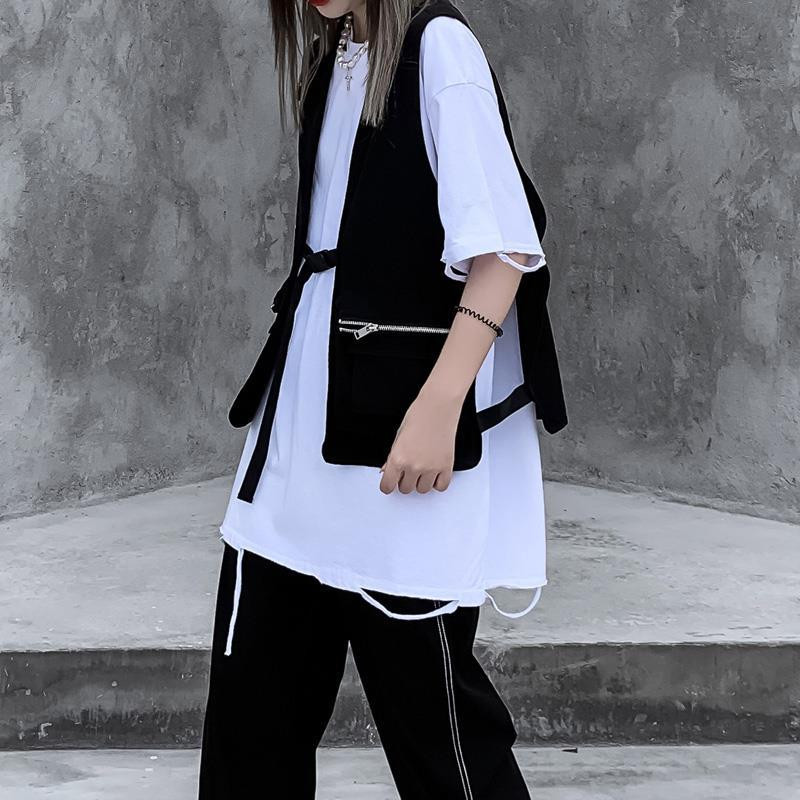 Γυναικείο γιλέκο Gothic Punk Fashion Αμάνικο Harajuku καλοκαιρινά ζευγάρια με τσέπες και φερμουάρ Casual Preppy Style All-match Δημοφιλείς εισιτήρια