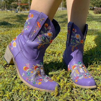 KarinLuna Retro sieviešu rietumu zābaki koka zole ar smailu papēži, smailiem purngaliem, uzvelkami ziedu puķu zābaki puszābaki lielizmēra 48