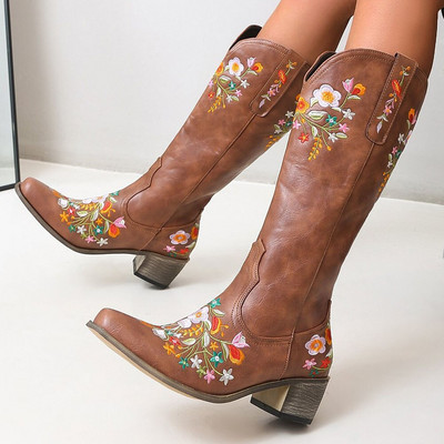 KarinLuna Retro sieviešu rietumu zābaki koka zole ar smailu papēži, smailiem purngaliem, uzvelkami ziedu puķu zābaki puszābaki lielizmēra 48