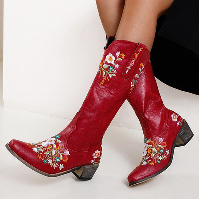 KarinLuna Retro sieviešu rietumu zābaki koka zole ar smailu papēži, smailiem purngaliem, uzvelkami ziedu puķu zābaki puszābaki lielizmēra 48