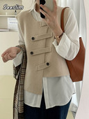 Seeslim pleteni nepravilni džemper prsluk Ženski dizajn bez rukava Ležerni prsluk s jednim kopčanjem u korejskom stilu Jesen Zima Chic