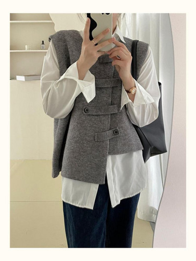 Seeslim pleteni nepravilni džemper prsluk Ženski dizajn bez rukava Ležerni prsluk s jednim kopčanjem u korejskom stilu Jesen Zima Chic