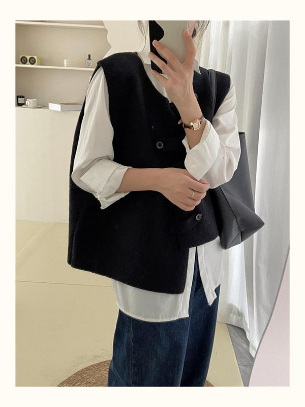 Seeslim pleteni nepravilni džemper prsluk Ženski dizajn bez rukava Ležerni prsluk s jednim kopčanjem u korejskom stilu Jesen Zima Chic